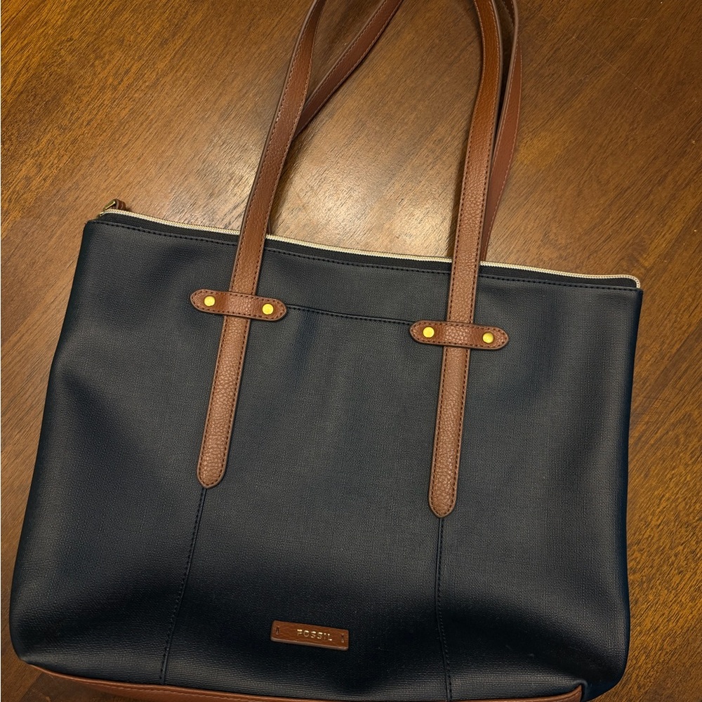Fossil Black and Brown Leather-Trim Tote